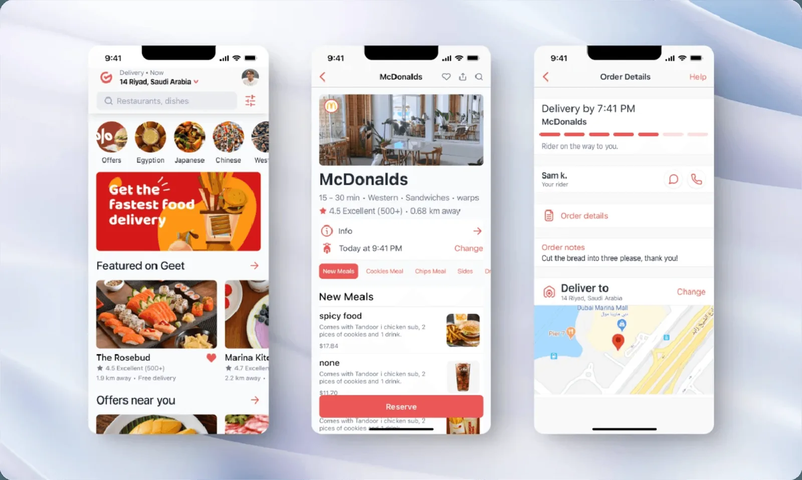 Geet home, restaurant and order tracking screens
